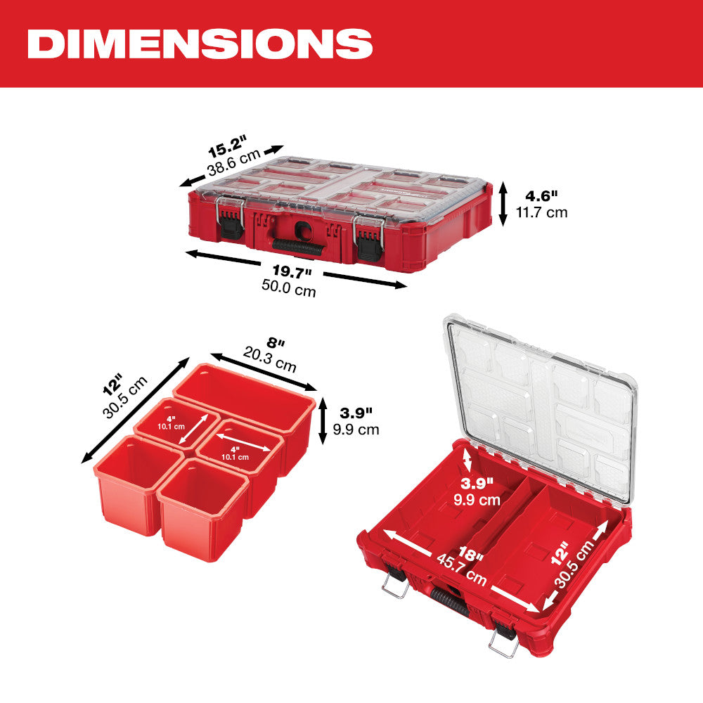 Red PACKOUT organizer with clear compartmented lid, 19.7" wide, shown with removable bin inserts and open storage case.