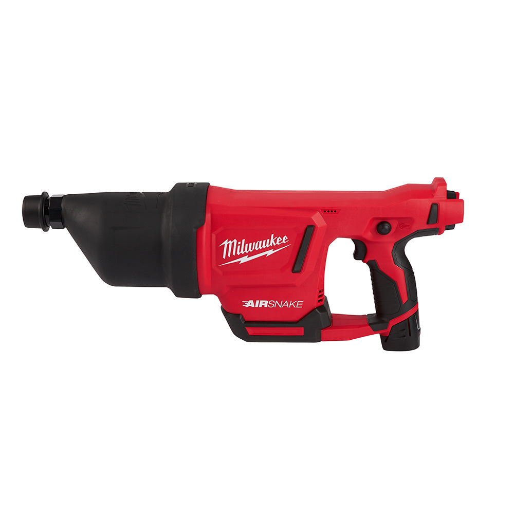 Milwaukee M12 AIRSNAKE drain cleaning air gun with red body, black grip, and attached hose connection.