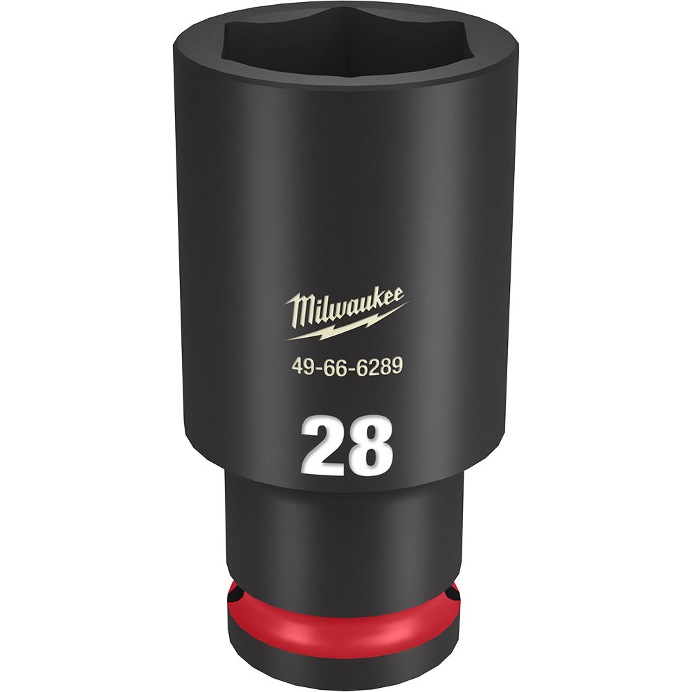 Black deep socket with 28MM size marking, hexagonal opening, and red grip band at base.