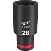 Black deep socket with 28MM size marking, hexagonal opening, and red grip band at base.
