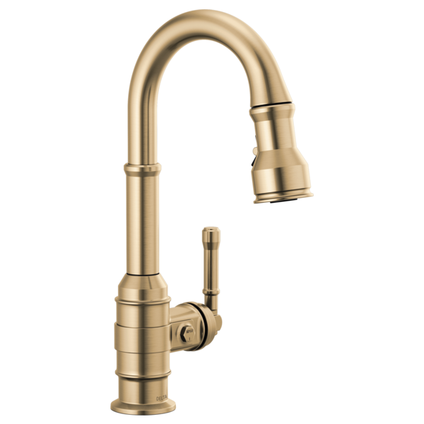Champagne bronze single-handle pull-down faucet with curved spout and side lever control.