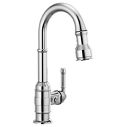 Chrome single-handle pull-down kitchen faucet with curved spout and side lever control.
