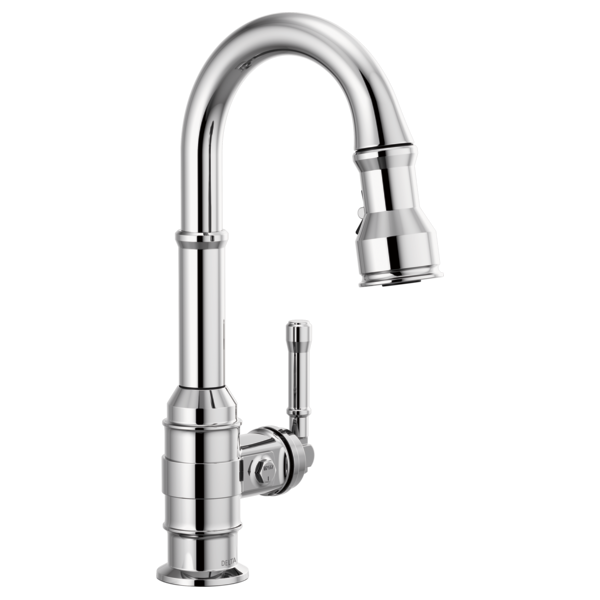 Chrome single-handle pull-down kitchen faucet with curved spout and side lever control.