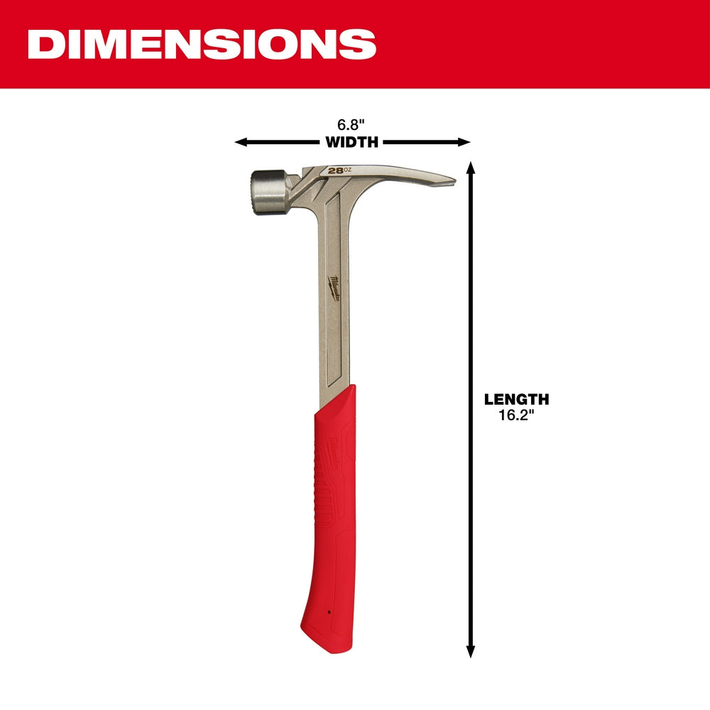 28oz framing hammer with milled face, 16.2" length, red grip, and metal head with claw.
