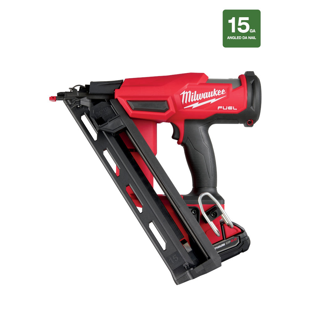 Milwaukee FUEL 15 gauge angled finish nailer with red and black housing and battery attached.