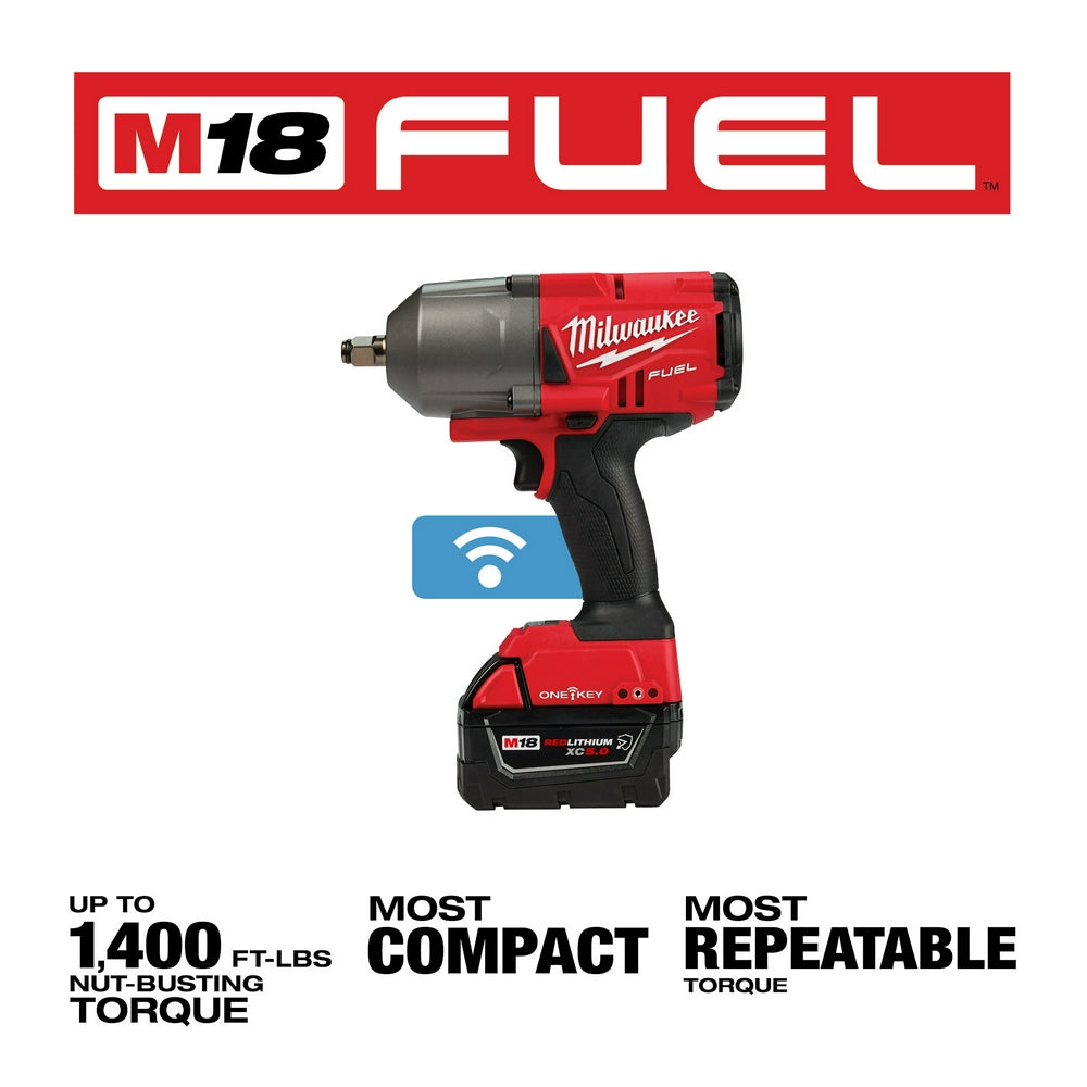 Milwaukee M18 FUEL 1/2" high torque impact wrench with ONE-KEY wireless connectivity and M18 battery.