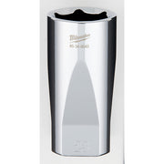 Polished chrome 3/8" drive deep socket with 23mm opening and Milwaukee branding on cylindrical body.