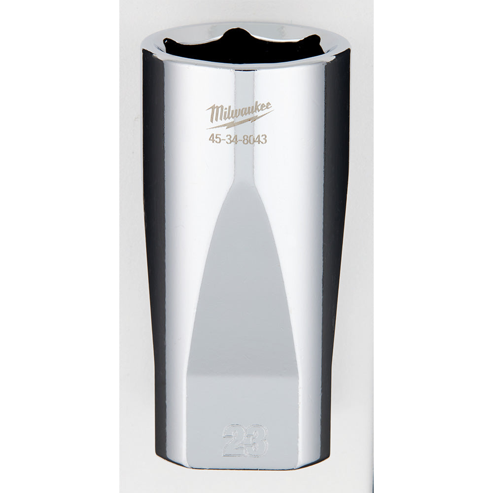 Polished chrome 3/8" drive deep socket with 23mm opening and Milwaukee branding on cylindrical body.