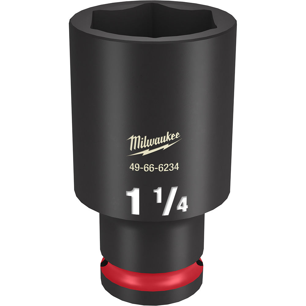 Black Milwaukee impact socket with 1 1/4" size marking, 6-point hexagonal opening, and red grip band at base.