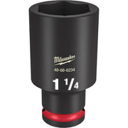 Black Milwaukee impact socket with 1 1/4" size marking, 6-point hexagonal opening, and red grip band at base.