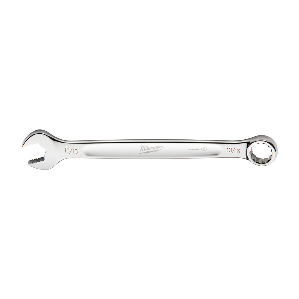 Silver Milwaukee combination wrench with open and closed ends, marked 13/16 inch on both sides.