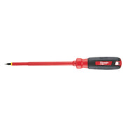 Red and black Milwaukee insulated screwdriver with cabinet head tip and black grip handle.