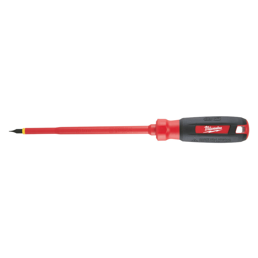 Red and black Milwaukee insulated screwdriver with cabinet head tip and black grip handle.