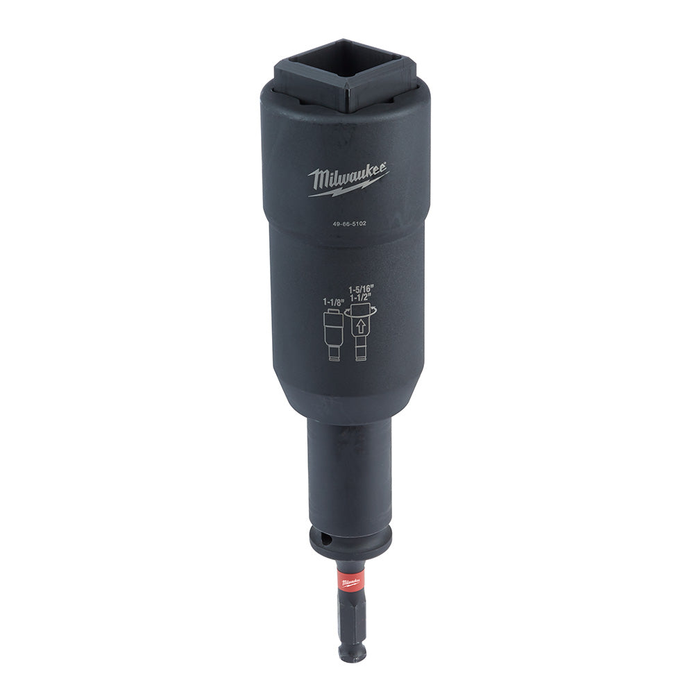 Black Milwaukee Shockwave utility socket with square opening at top, cylindrical body with model number and size markings, an