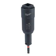 Black Milwaukee Shockwave utility socket with square opening at top, cylindrical body with model number and size markings, an