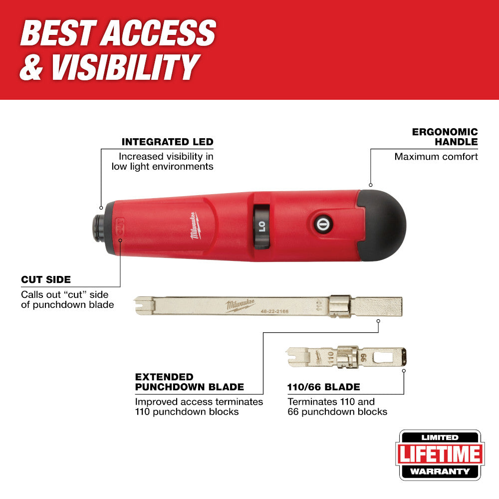 Red Milwaukee punchdown tool with black ergonomic handle, integrated LED, and extended blade displayed with 110/66 blade inse