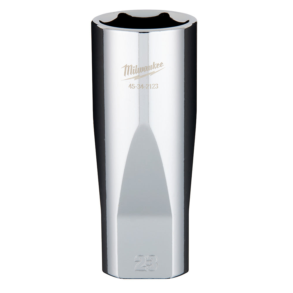 Chrome deep socket with hexagonal opening, marked Milwaukee 45-34-2123 and 23mm size.