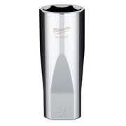 Chrome deep socket with hexagonal opening, marked Milwaukee 45-34-2123 and 23mm size.