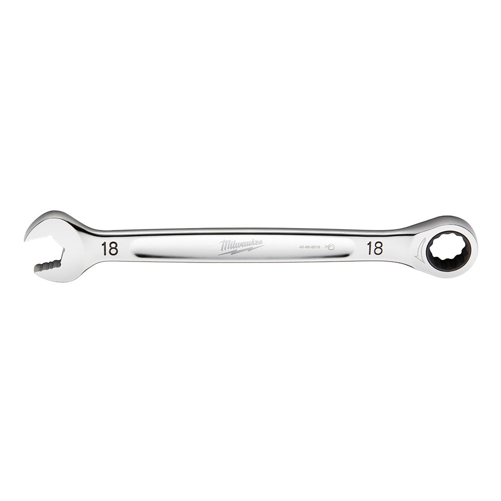 Chrome 18MM ratcheting combination wrench with open end on left and ratchet head on right.