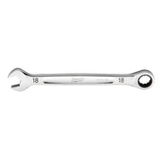 Chrome 18MM ratcheting combination wrench with open end on left and ratchet head on right.