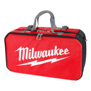 Red and black Milwaukee storage bag with gray handles and multiple zippered compartments.