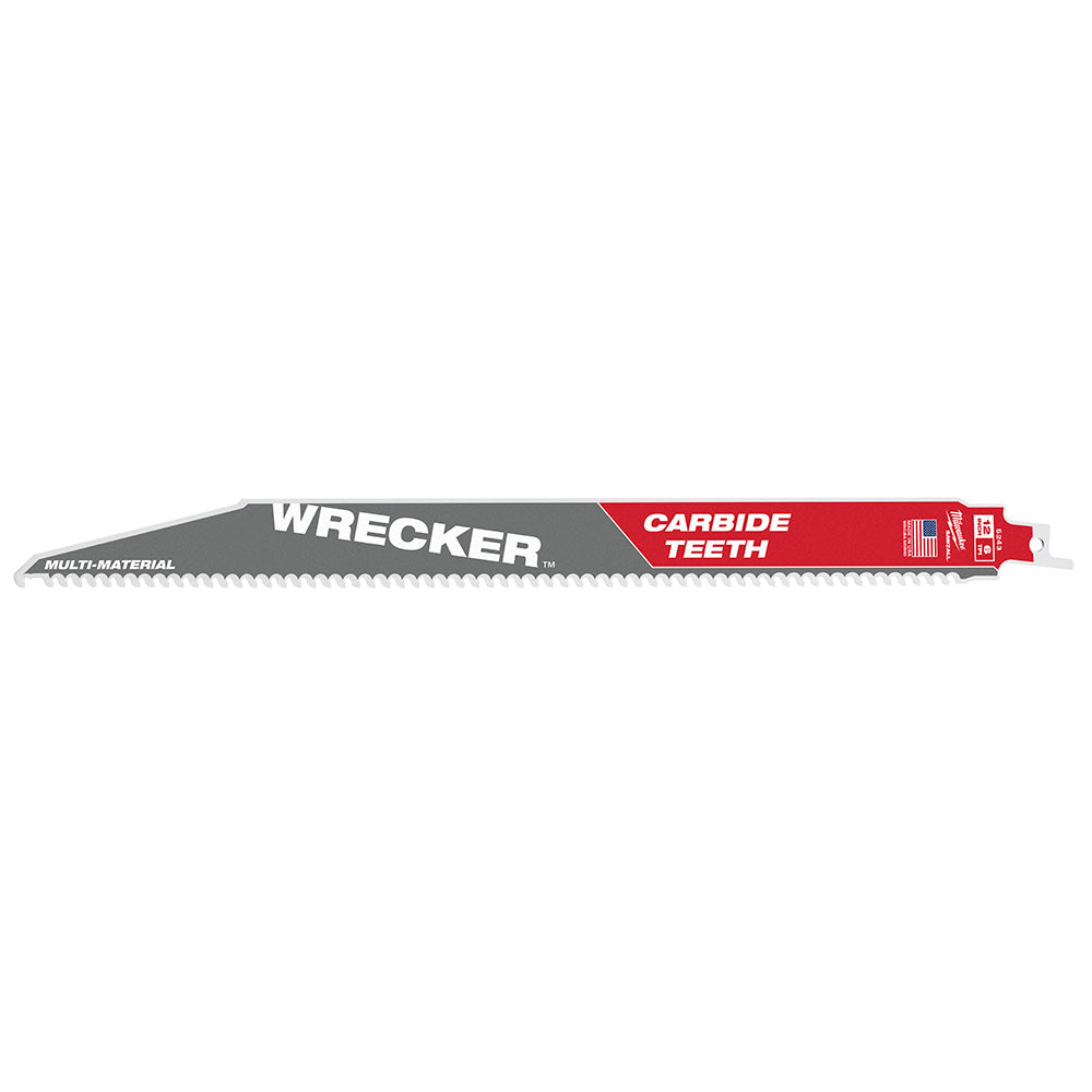 Milwaukee 12" WRECKER carbide teeth SAWZALL blade with gray body and red label on white background.