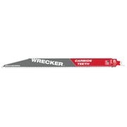 Milwaukee 12" WRECKER carbide teeth SAWZALL blade with gray body and red label on white background.