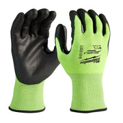 High-visibility work gloves with neon yellow knit cuffs and black polyurethane-dipped palms and fingers.
