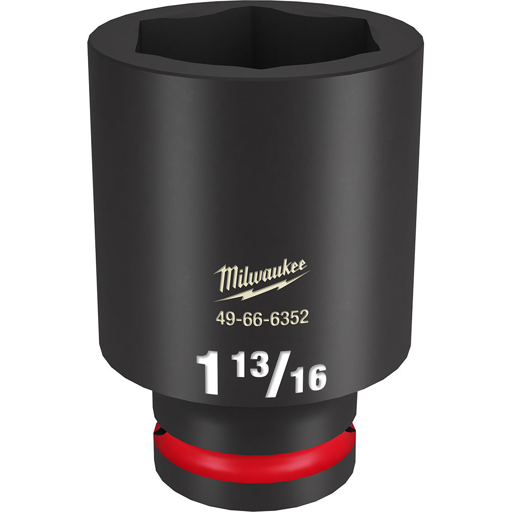 Black Milwaukee Shockwave Impact Duty deep socket with 3/4" drive, 1-13/16" size, six-point, red grip band at base.