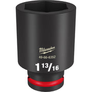 Black Milwaukee Shockwave Impact Duty deep socket with 3/4" drive, 1-13/16" size, six-point, red grip band at base.