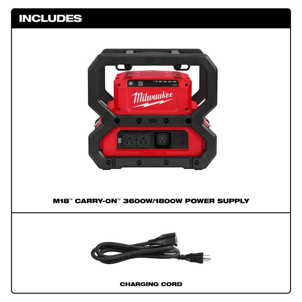 Red and black Milwaukee M18 Carry-On power supply with multiple outlets and digital display, shown with included charging cor