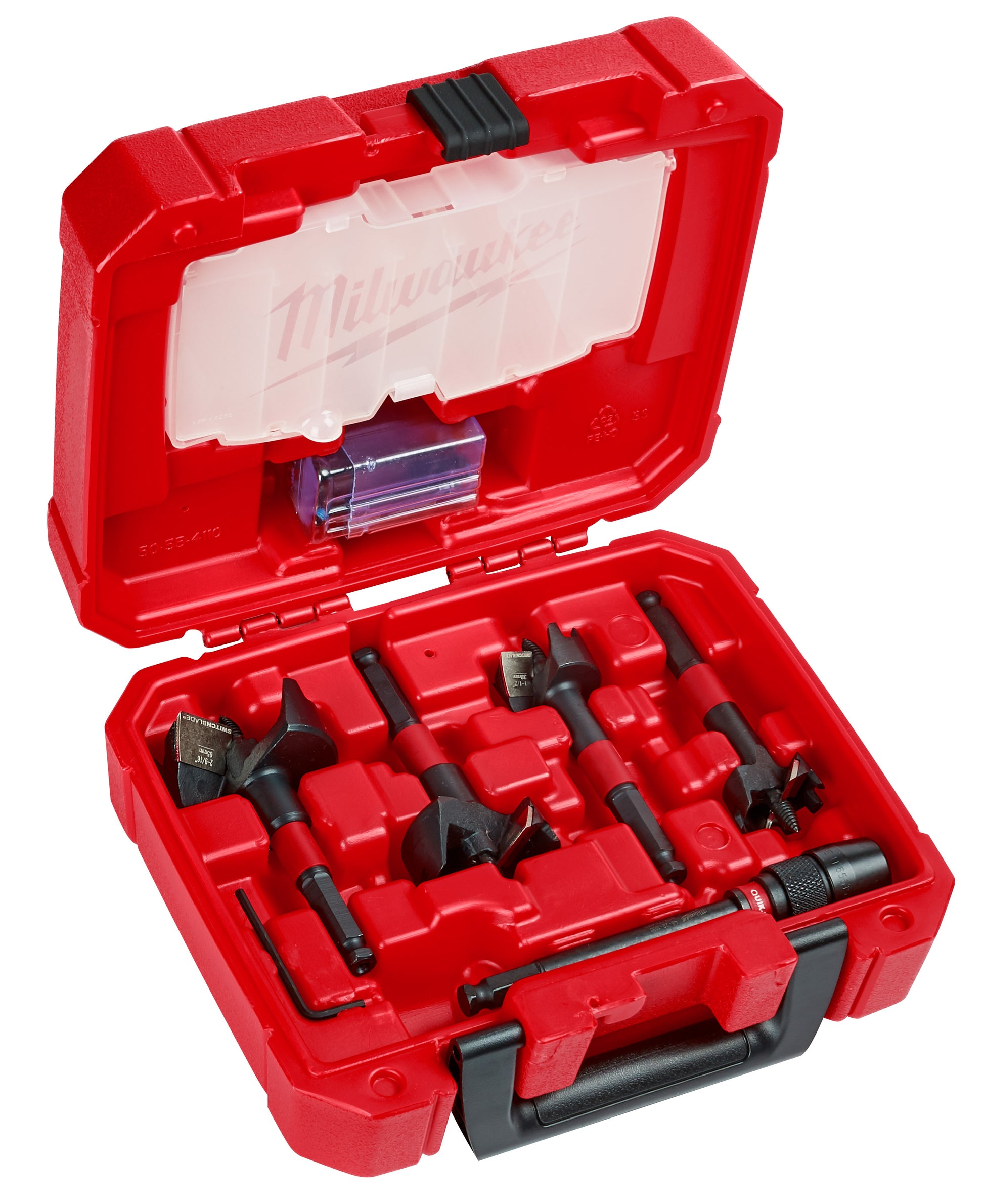 Red Milwaukee case with five black SWITCHBLADE selfeed drill bits of varying sizes arranged in foam compartments.