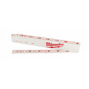 White composite folding rule with red measurement markings and Milwaukee branding, shown partially extended.