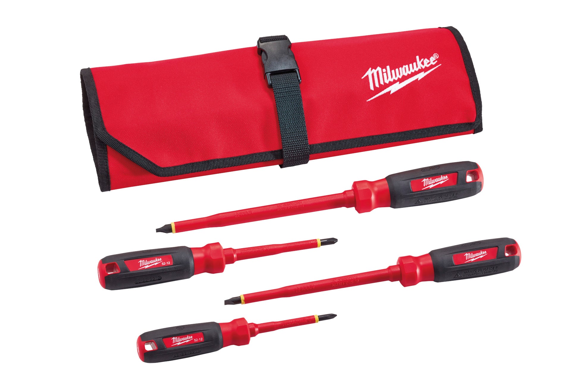 Four red and black insulated screwdrivers with different tips displayed next to a red Milwaukee roll pouch.