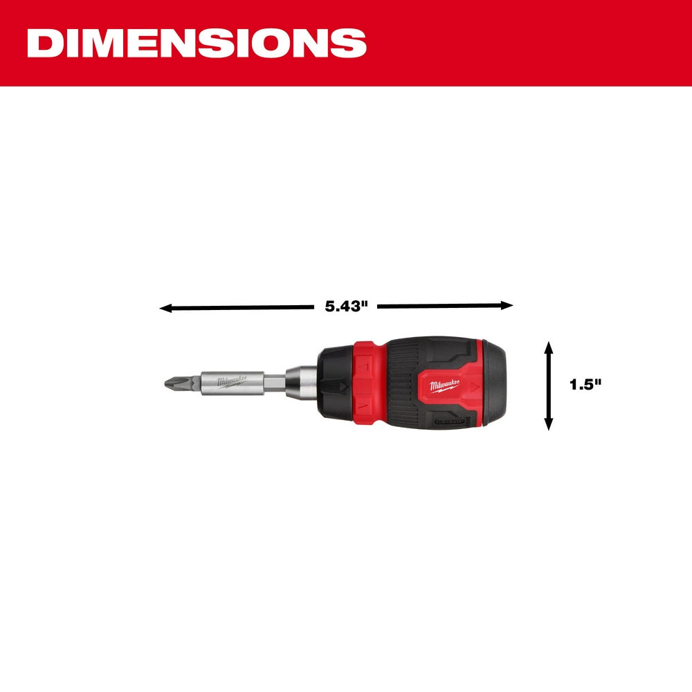 Milwaukee compact ratcheting screwdriver with red and black handle, measuring 5.43 inches long and 1.5 inches wide.