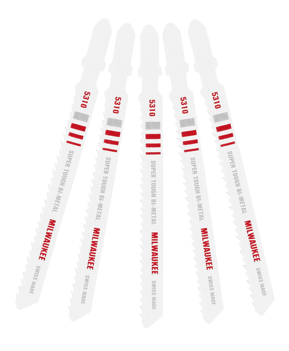 Five Milwaukee bi-metal jig saw blades with 10 teeth per inch, labeled 5310, arranged in a row against white background.