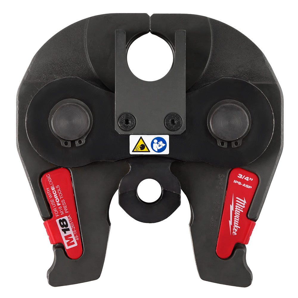 Black press jaw with two red grip handles and circular openings for M18 FORCE LOGIC press tool attachment.