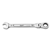 Chrome 21mm flex head ratcheting combination wrench with open end and ratchet socket end.