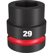 Black 29MM impact socket with 6-point hexagonal opening, red band, and 1-inch drive connection.