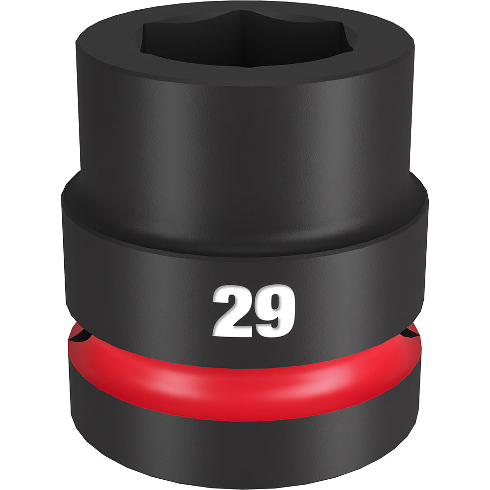 Black 29MM impact socket with 6-point hexagonal opening, red band, and 1-inch drive connection.