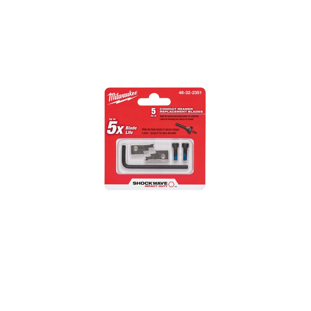 Milwaukee Shockwave conduit reamer replacement blades set with black metal cutting blades and blue bits on red packaging.