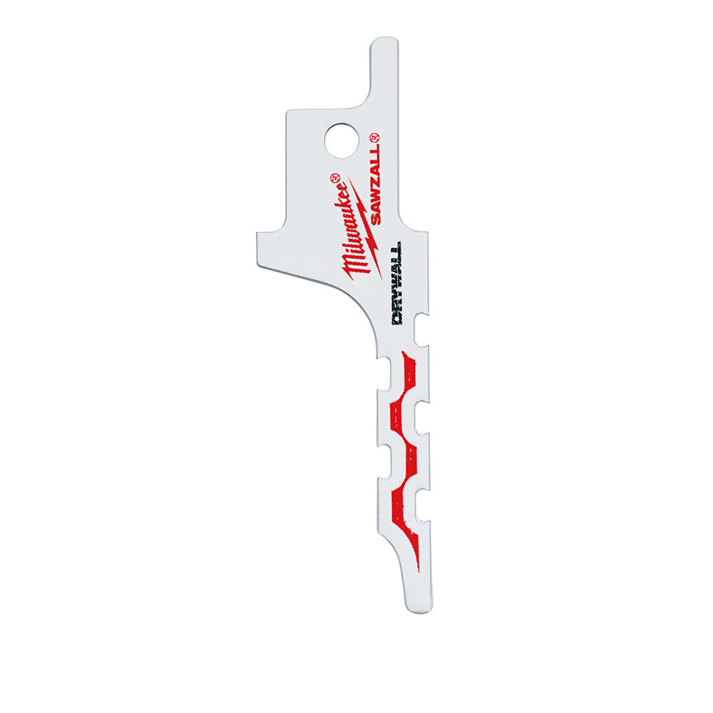Milwaukee SAWZALL drywall access blade with red teeth and mounting hole.
