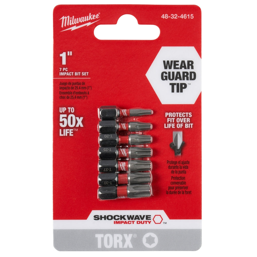 Milwaukee Shockwave 7-piece Torx impact insert bit set with black and red bits on red packaging card.