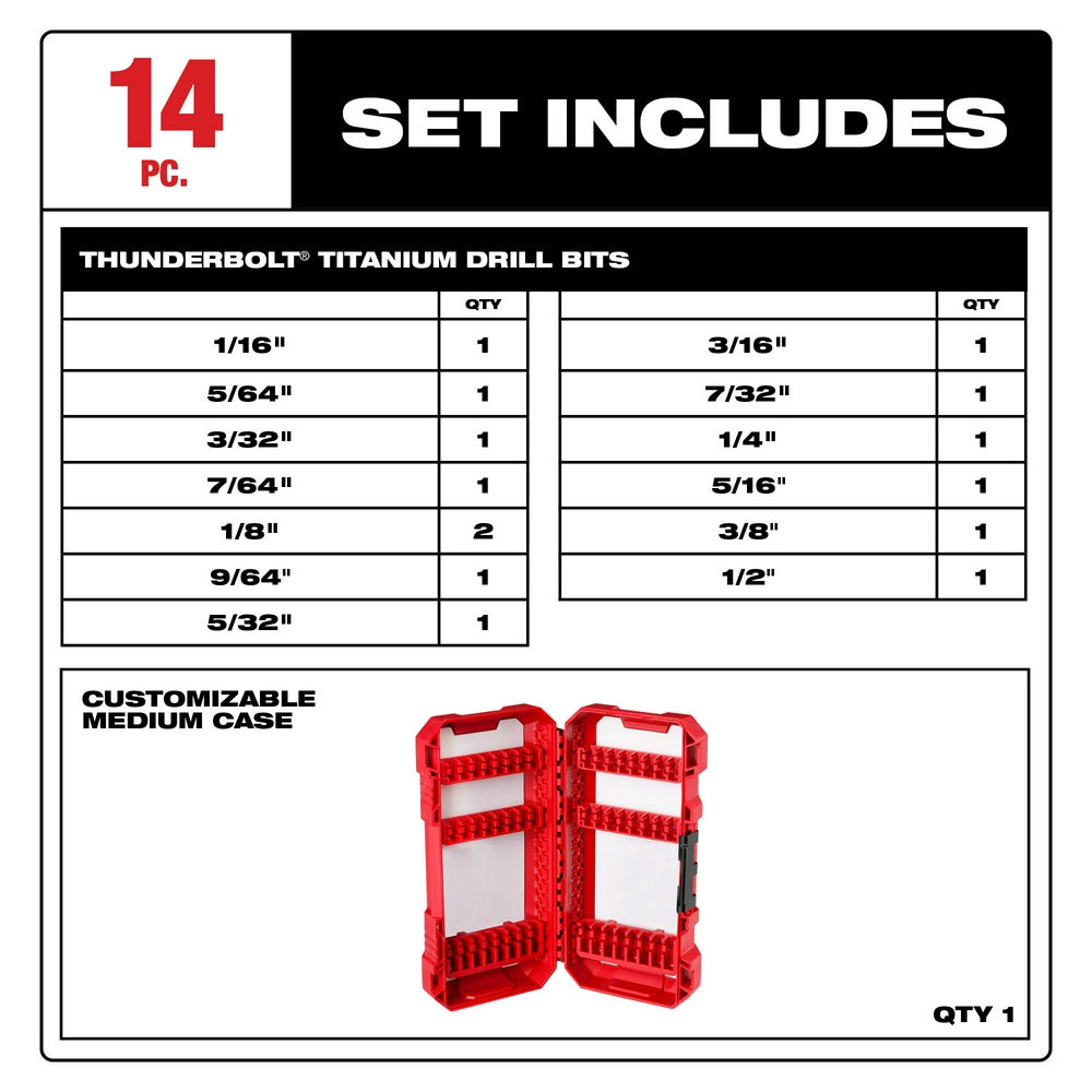 Milwaukee THUNDERBOLT Titanium Drill Bit Set with 14 pieces in various sizes and red customizable medium case.