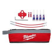 Milwaukee fish tape repair kit containing red tool bag, two red fish tape connectors, hex wrench, two red cables with ferrule