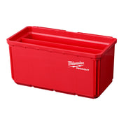 Red Milwaukee PACKOUT large storage bin with open top and divided interior compartments.