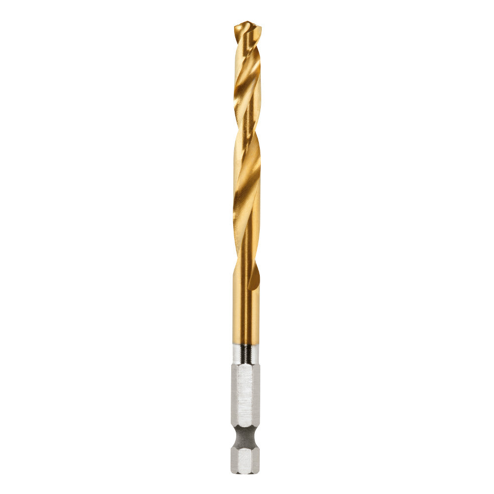 Gold titanium twist drill bit with hexagonal quick-change shank and pointed tip.