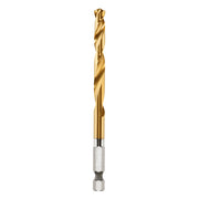Gold titanium twist drill bit with hexagonal quick-change shank and pointed tip.