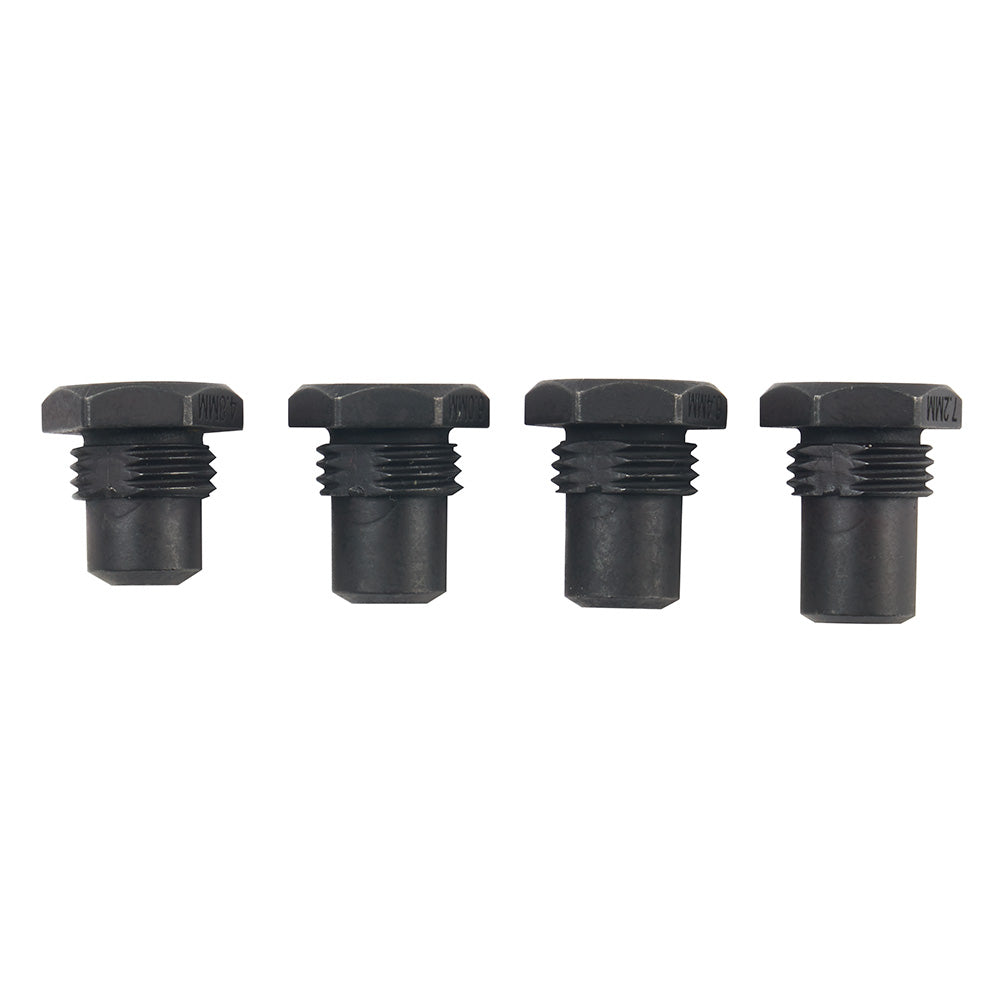 Four black threaded nose pieces with flat tops for a blind rivet tool.