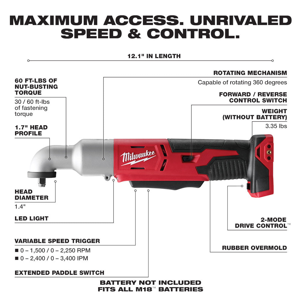 Milwaukee M18 2-speed 3/8 inch right angle impact wrench with red and black housing, 12.1 inch length.